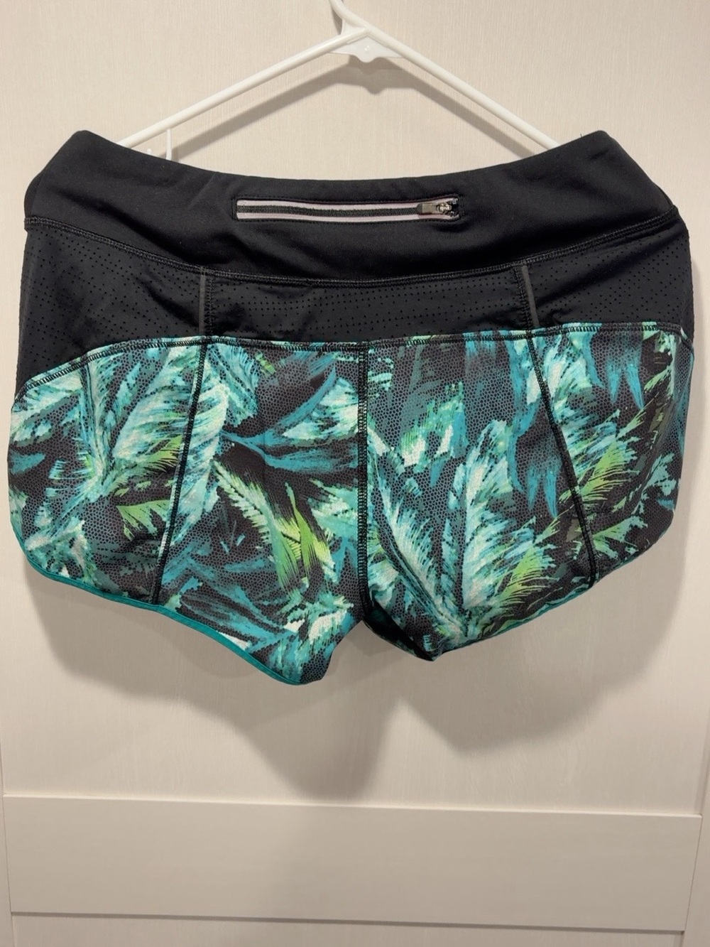 Athleta Black & Teal Tropical-Print Running Shorts with Liner 3.5” - Picture 3 of 5